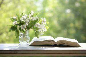AI generated Jasmine flowers in a vase and open book on the table, green natural background. AI Generated photo