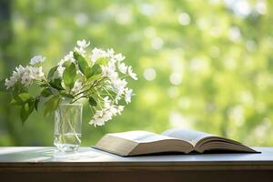 ai generado jazmín flores en un florero y abierto libro en el mesa, verde natural antecedentes. ai generado foto