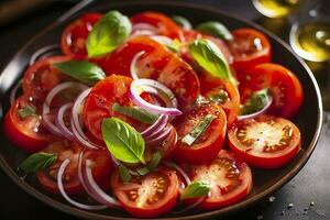 AI generated Healthy tomato salad with onion basil olive oil and balsamic vinegar. AI Generated photo