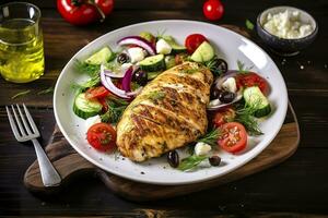 AI generated Seared chicken breast and Greek salad on a wooden table. Generative AI photo