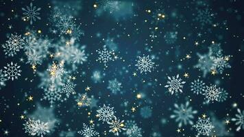 magnifique hiver chute flocons de neige, brillant d'or étoiles et étincelant neige particules sur une de fête bleu Contexte. cette hiver neige, Noël mouvement Contexte animation est une sans couture boucle. video