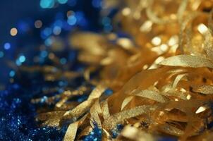 AI generated Blue and gold tinsel. Generate ai photo
