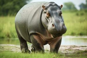 ai generado hipopótamo caminando en un verde campo. ai generado foto