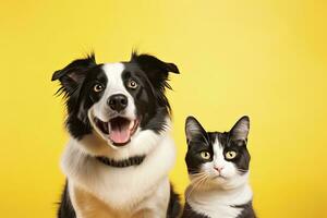 AI generated Cat and dog together with happy expressions. AI Generated photo