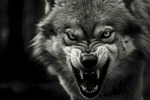 AI generated Greyscale closeup shot of an angry wolf with a blurred background. AI Generated photo