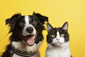 AI generated Cat and dog together with happy expressions. AI Generated photo