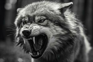 AI generated Greyscale closeup shot of an angry wolf with a blurred background. AI Generated photo