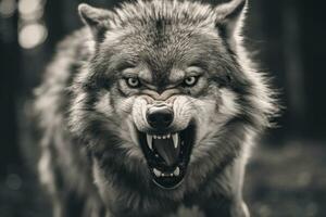 AI generated Greyscale closeup shot of an angry wolf with a blurred background. AI Generated photo