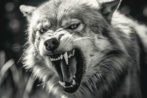 ai generado escala de grises de cerca Disparo de un enojado lobo con un borroso antecedentes. ai generado foto