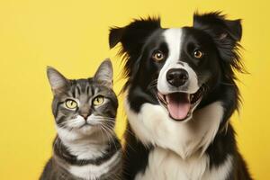 AI generated Cat and dog together with happy expressions. AI Generated photo