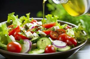 ai generado salud beneficios de sano ensalada, en el estilo de preciso detallando, suave y brillante. ai generado foto