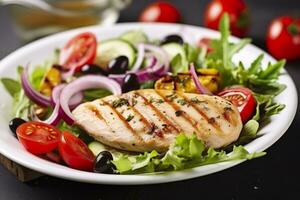 AI generated Grilled chicken breast with tomatoes, red pepper, organic green and kalamata olives. AI Generated photo