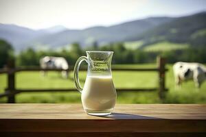 AI generated Glass pitcher with fresh milk on a wooden table. AI Generated photo