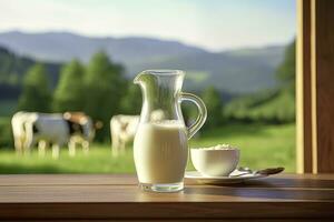 AI generated Glass pitcher with fresh milk on a wooden table. AI Generated photo