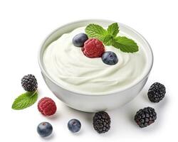 AI generated Green bowl of greek yogurt and fresh berries isolated on white background. AI Generated photo