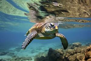 ai generado verde Tortuga a el Agua de mar. ai generado foto