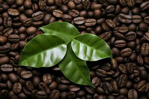 AI generated Green leaves with coffee beans as background. AI Generated photo