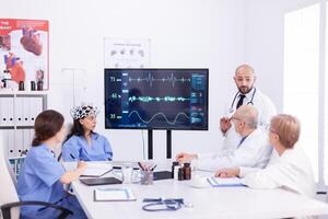 Doctor using headset with sensors on consciousness female nurse during neuroscience research. Monitor shows modern brain study while team of scientist adjusts the device. photo