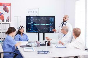 Doctor discussing about the future of neurology with medical staff in hospital meeting room. Monitor shows modern brain study while team of scientist adjusts the device. photo