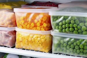 AI generated Frozen food in the freezer. Frozen vegetables. AI Generated photo