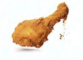 AI generated Fried chicken leg falling in the air isolated on a white background. AI Generated. photo