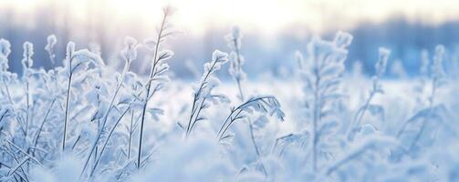 AI generated Frozen snowy grass, winter natural abstract background. beautiful winter landscape. AI Generated photo