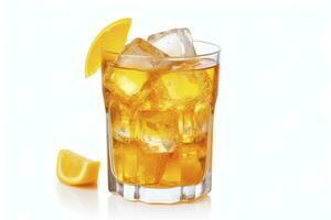 AI generated A glass of orange soda water with ice cubes on white background. AI Generated photo