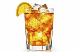 AI generated A glass of orange soda water with ice cubes on white background. AI Generated photo