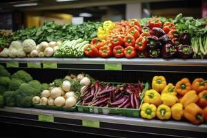 AI generated Fruits and vegetables on shop stand in supermarket grocery store. AI Generated photo