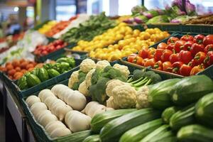 ai generado frutas y vegetales a ciudad mercado. ai generado foto