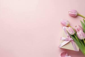 AI generated Pink gift box with ribbon bow and bouquet of tulips on isolated pastel pink background. AI Generated photo