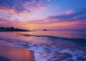 ai generado verano playa con azul agua y púrpura cielo a el puesta de sol. ai generado. foto