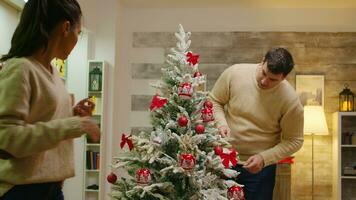 Caucasian man and woman happy to decorate their christmas tree. Winter holidays. Decorating beautiful xmas tree with glass ball decorations. Wife and husband in matching clothes helping ornate home with garland lights photo