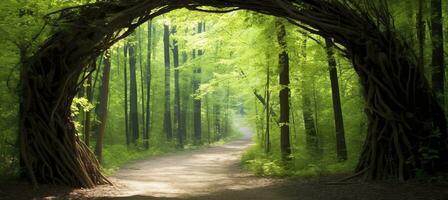 AI generated Natural archway shaped by branches in the forest. AI Generated photo