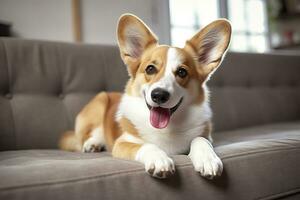AI generated Beautiful, smart, calm purebred corgi dog lying on on sofa in living room. Generative AI photo