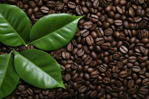 AI generated Green leaves with coffee beans as background. AI Generated photo