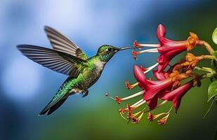 AI generated Hummingbird bird flying next to a beautiful red flower with rain. AI Generated photo