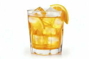 AI generated A glass of orange soda water with ice cubes on white background. AI Generated photo