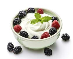 AI generated Green bowl of greek yogurt and fresh berries isolated on white background. AI Generated photo