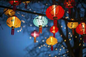 AI generated Colorful festival lanterns during the Chinese traditional holiday season. AI Generated photo