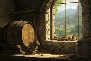 AI generated Barrel in an ancient castle beside the window. AI Generated photo