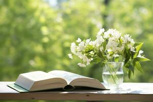 ai generado jazmín flores en un florero y abierto libro en el mesa, verde natural antecedentes. ai generado foto