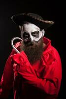 Man with long beard dressed up like a spooky pirate with a hook over black background. photo