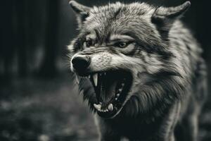 AI generated Greyscale closeup shot of an angry wolf with a blurred background. AI Generated photo