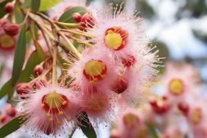 ai generado hermosa goma árbol rosado flores y brotes ai generado foto