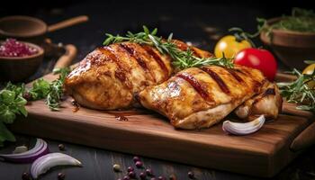 AI generated Closeup of tasty roast chicken breast served on wooden board. Grilled chicken. Generative AI photo