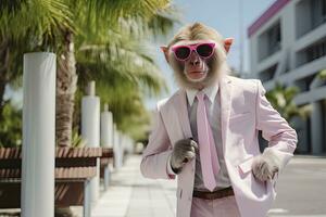 ai generado un mono es vistiendo Gafas de sol, traje y en pie en calle. ai generado foto