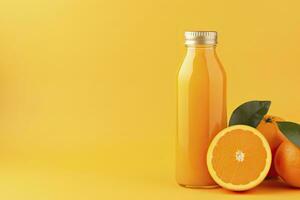 AI generated Orange Juice bottle on orange background. AI Generated photo