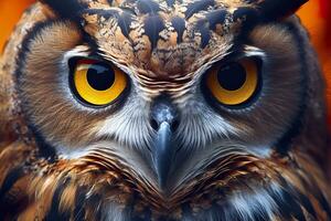 AI generated Owl headshot with closeup of face. Generative AI photo