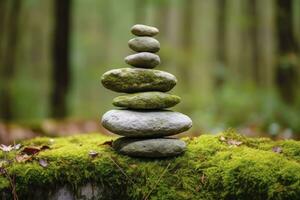 AI generated Pyramid stones balance on old mossy fallen tree. AI Generated photo